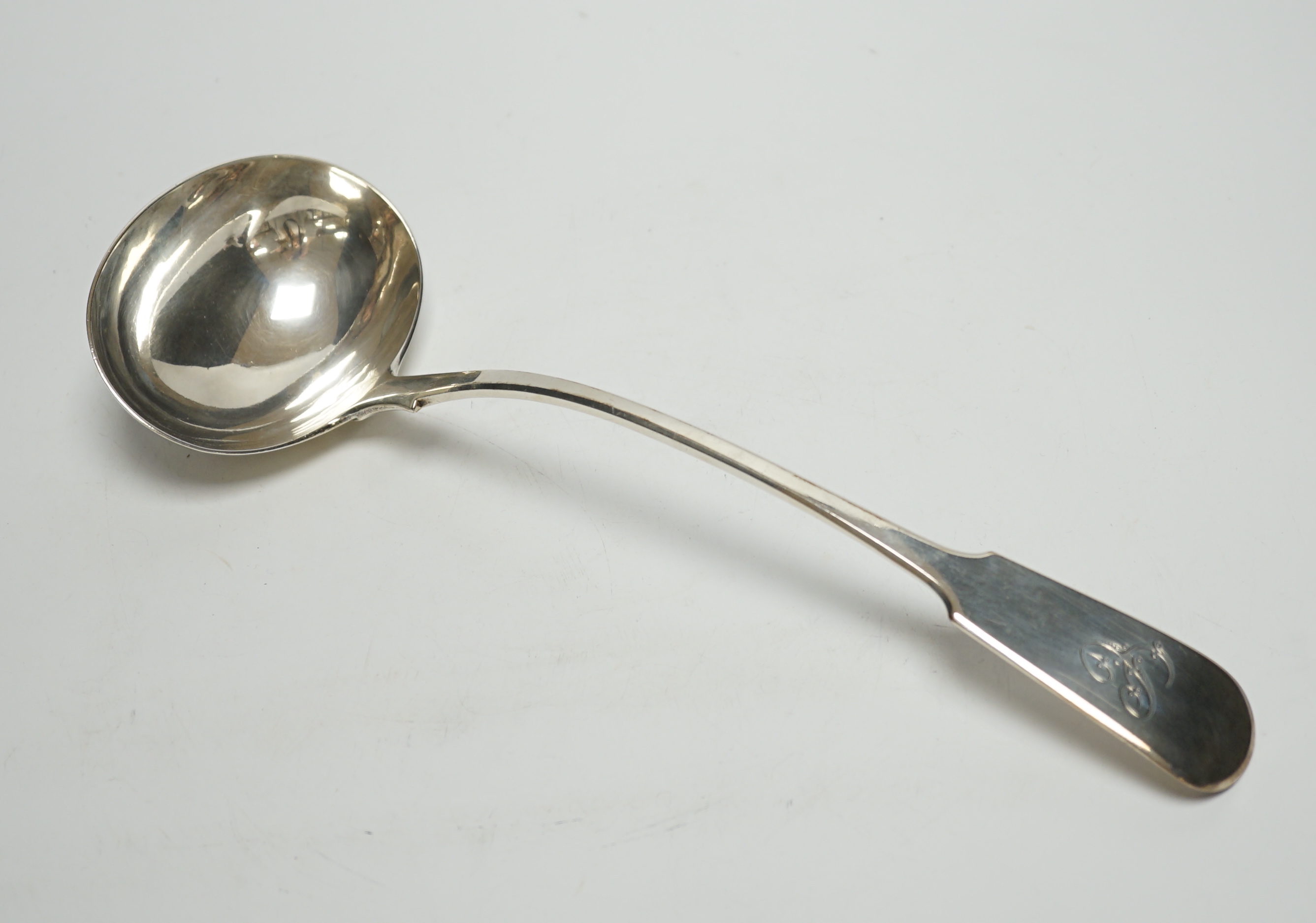 A William IV silver fiddle pattern soup ladle, W.B. , London, 1831, 32.8cm, 8oz.